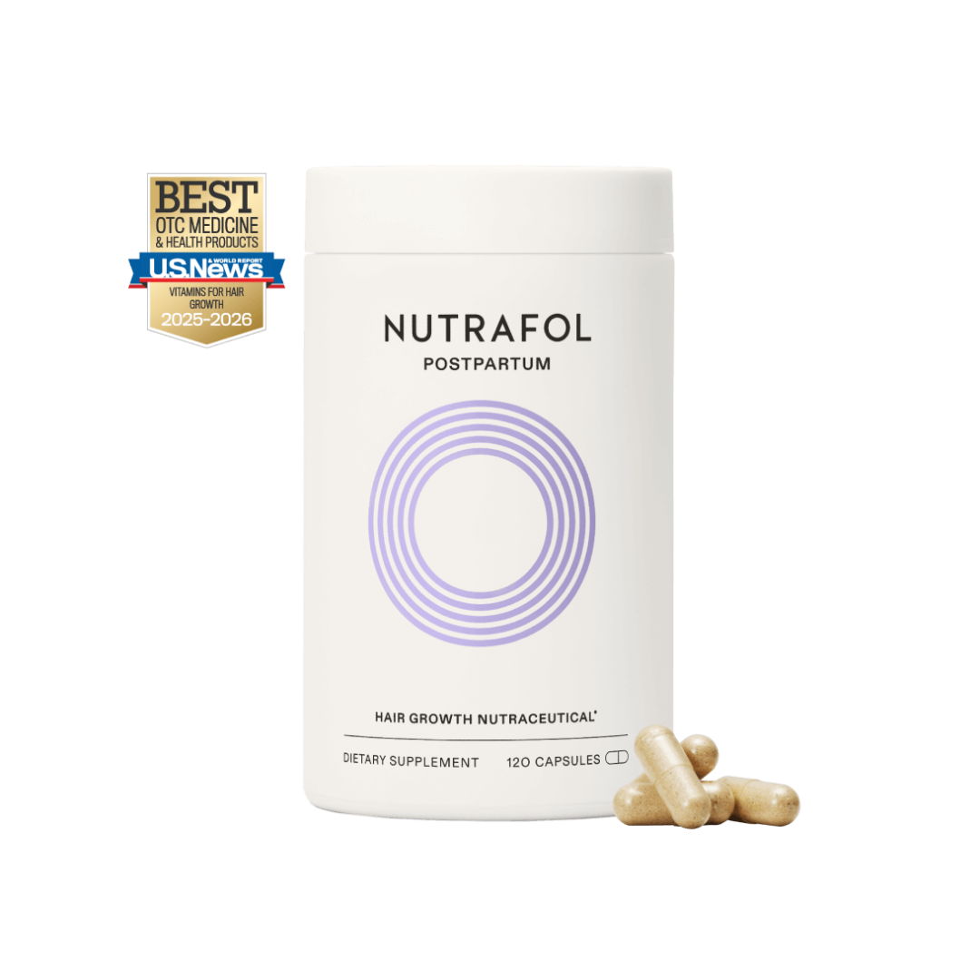 Nutrafol Postpartum Hair Growth Nutraceutical 1-Month Supply 120 capsules white bottle with US News Best OTC Medicine 2025-2026 award badge on white background