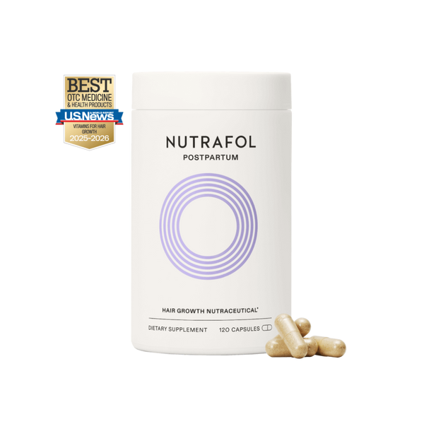 Nutrafol Postpartum Hair Growth Nutraceutical 1-Month Supply 120 capsules white bottle with US News Best OTC Medicine 2025-2026 award badge on white background
