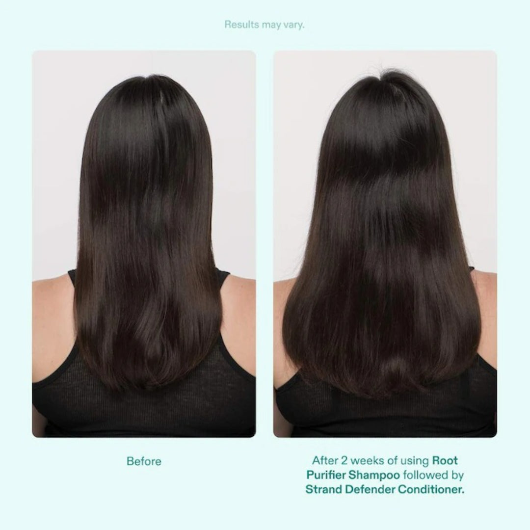 Before and after 2 weeks using Nutrafol Root Purifier Shampoo and Strand Defender Conditioner showing visibly fuller and shinier hair