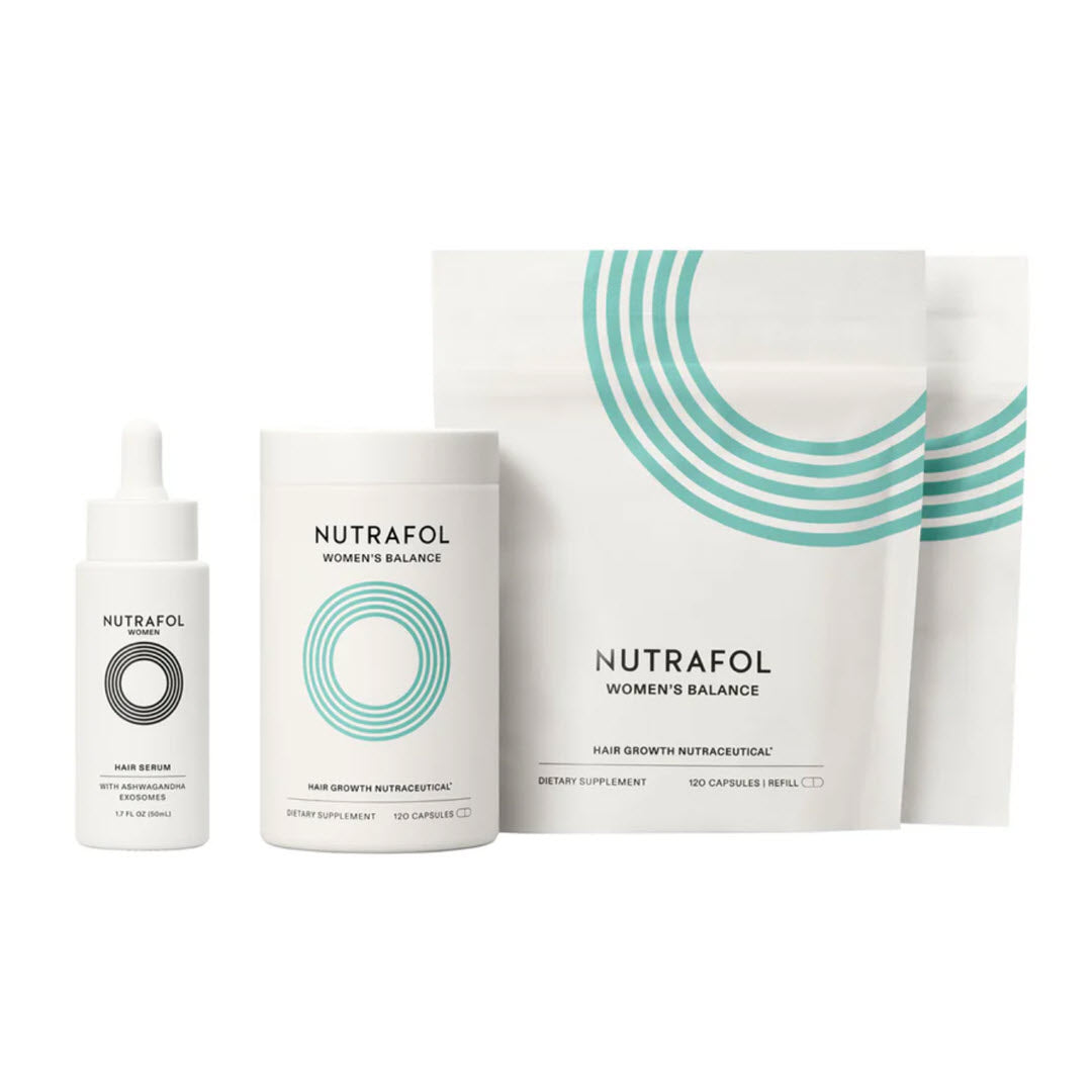 Nutrafol Women's Balance Fullest Hair Kit with Women Hair Serum with Ashwagandha Exosomes 1.7 fl oz, Women's Balance Hair Growth Nutraceutical 120 capsules, and refill pouch on white background