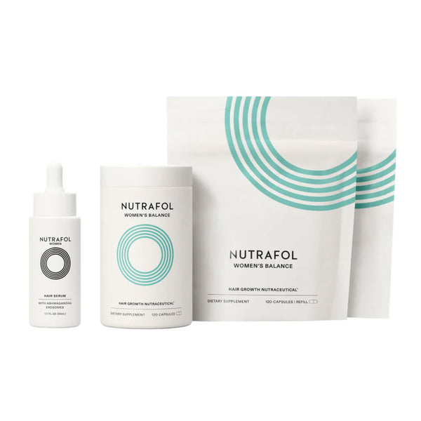 Nutrafol Women's Balance Fullest Hair Kit with Women Hair Serum with Ashwagandha Exosomes 1.7 fl oz, Women's Balance Hair Growth Nutraceutical 120 capsules, and refill pouch on white background