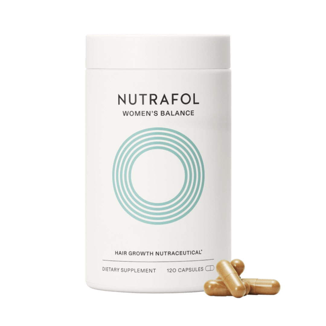 Nutrafol Women's Balance Hair Growth Nutraceutical 1-Month Supply 120 capsules white bottle with teal accent and capsules on white background