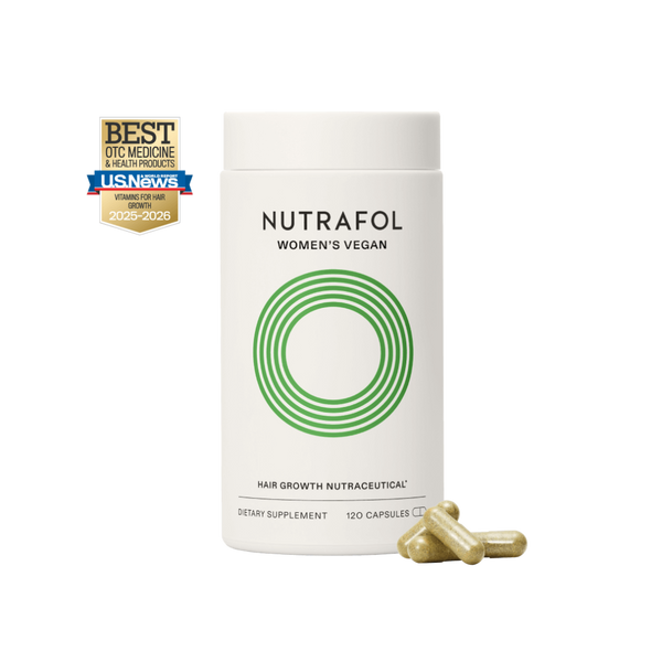 Nutrafol Women's Vegan Hair Growth Nutraceutical 1-Month Supply white bottle with green capsules and US News Best OTC award