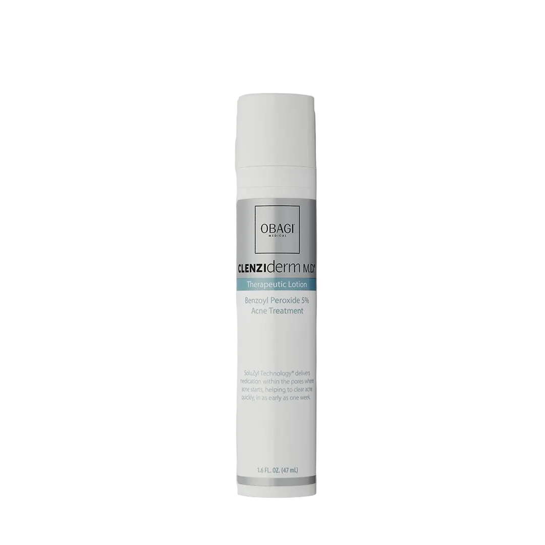 Obagi CLENZIderm MD Therapeutic Lotion BPO 5% 1.6 fl oz pump bottle on white background