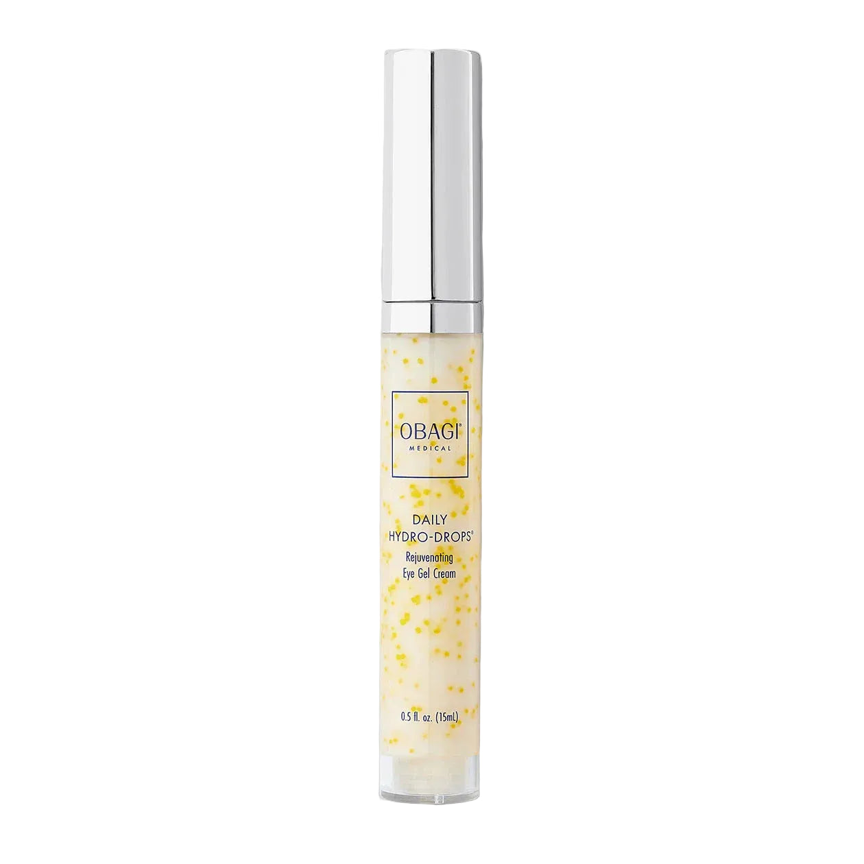 Obagi Daily Hydro-Drops Rejuvenating Eye Gel Cream 0.5 fl oz clear slim tube with silver applicator tip showing white gel with yellow beads on white background