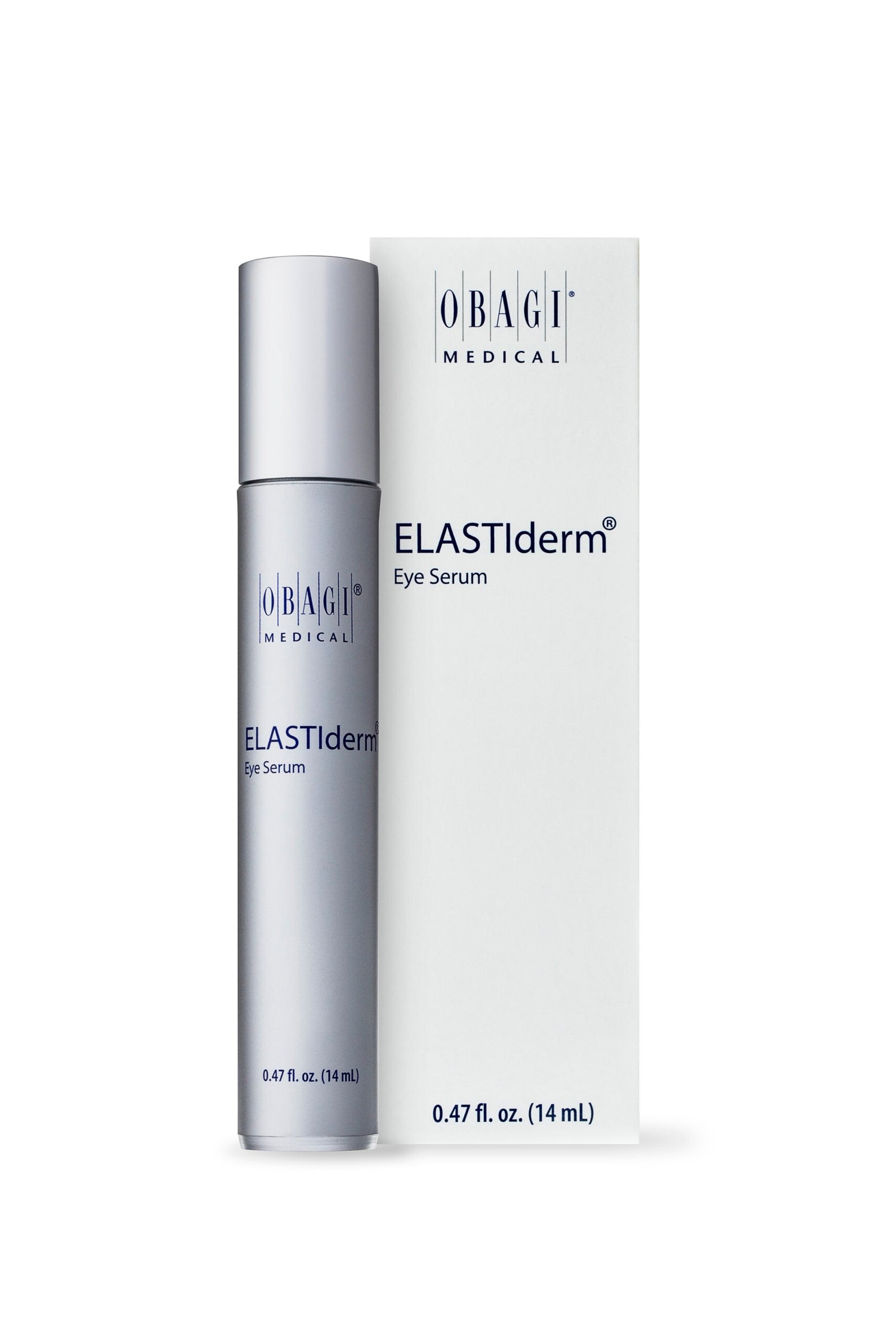Obagi ELASTIderm Eye Serum silver roller pen with white box packaging on white background