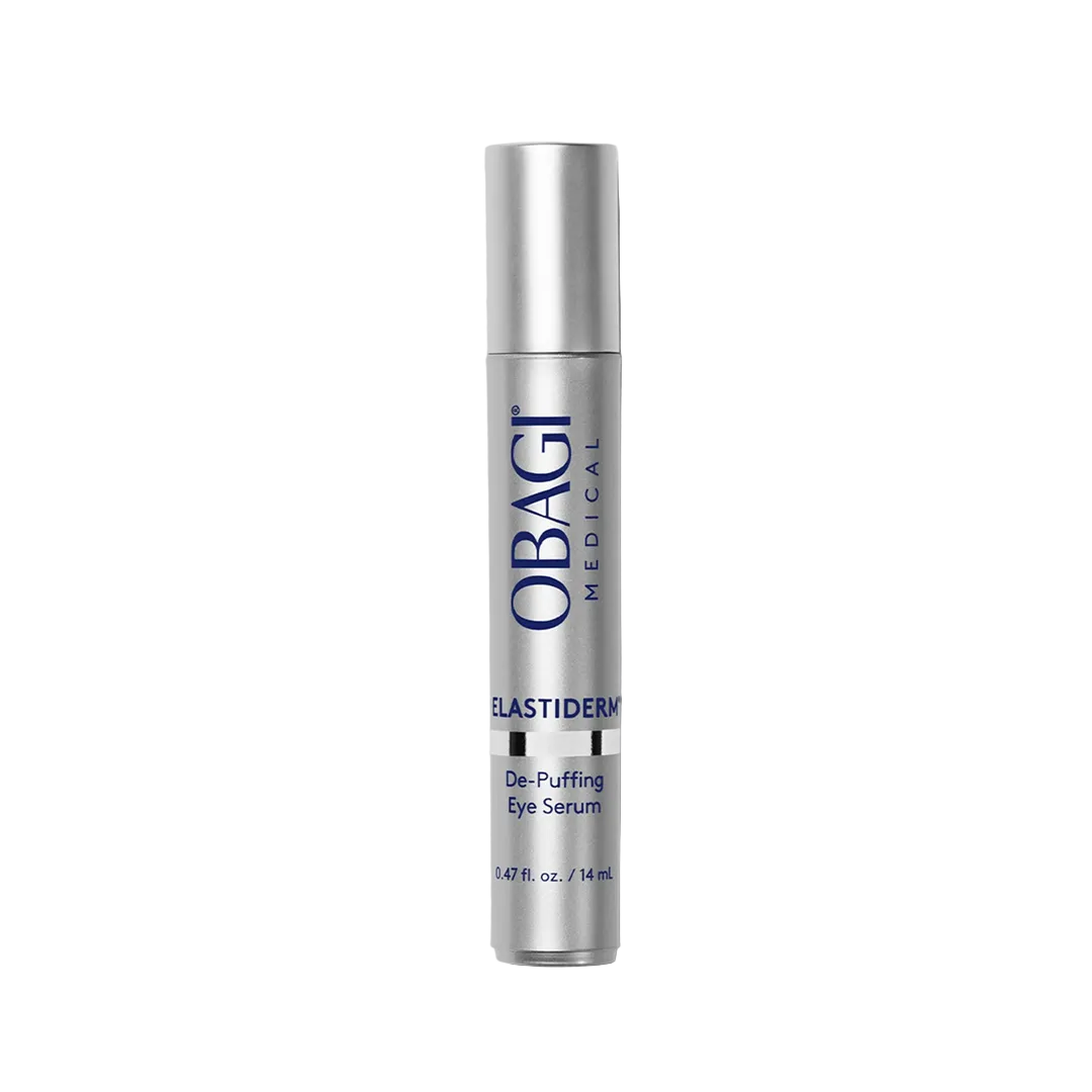 Obagi ELASTIderm De-Puffing Eye Serum 0.47 oz silver roller pen on white background