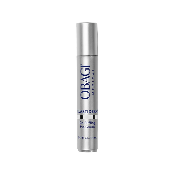Obagi ELASTIderm De-Puffing Eye Serum 0.47 oz silver roller pen on white background