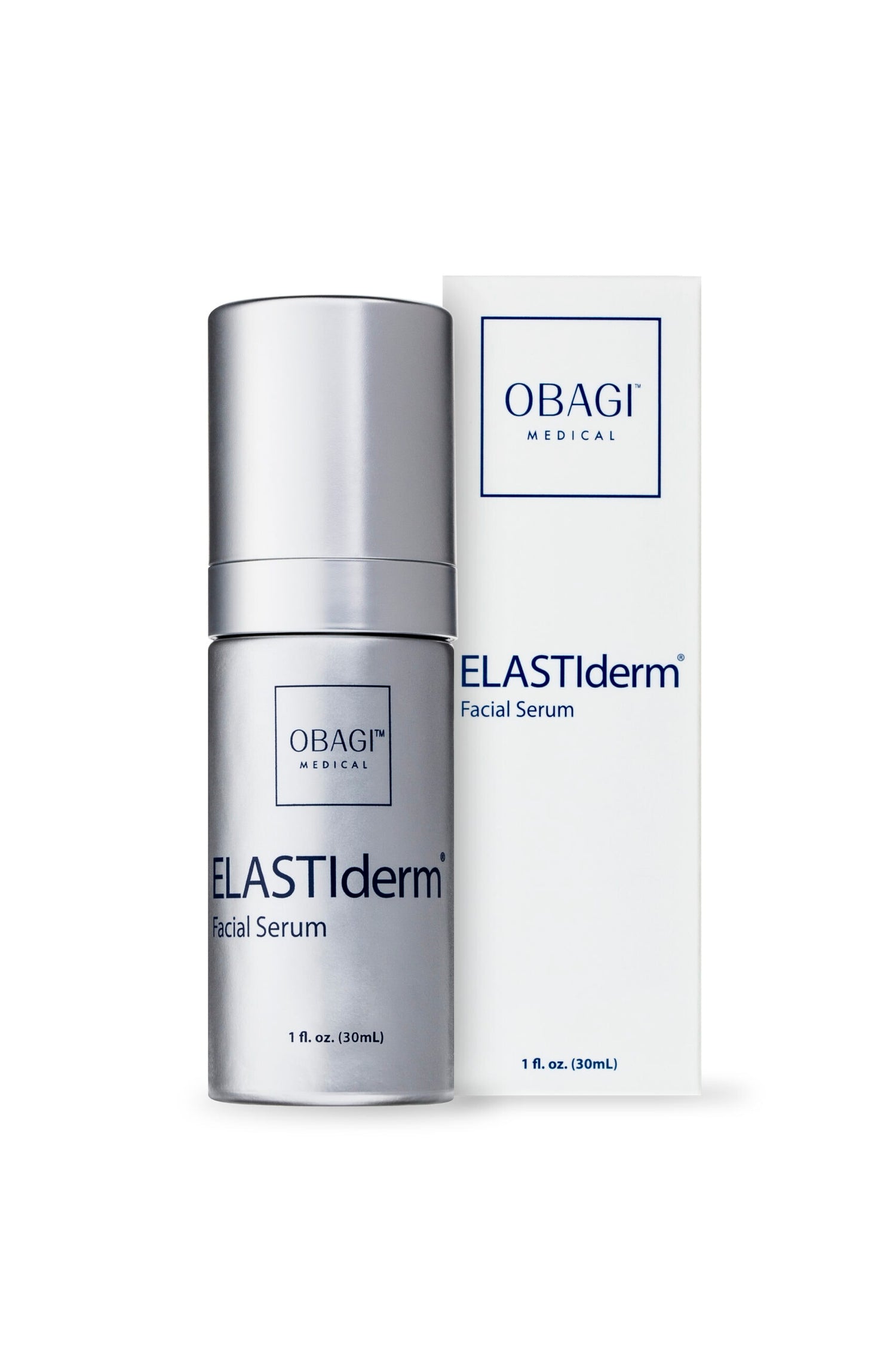 Obagi Medical ELASTIderm Facial Serum 1 oz silver pump bottle with retail box