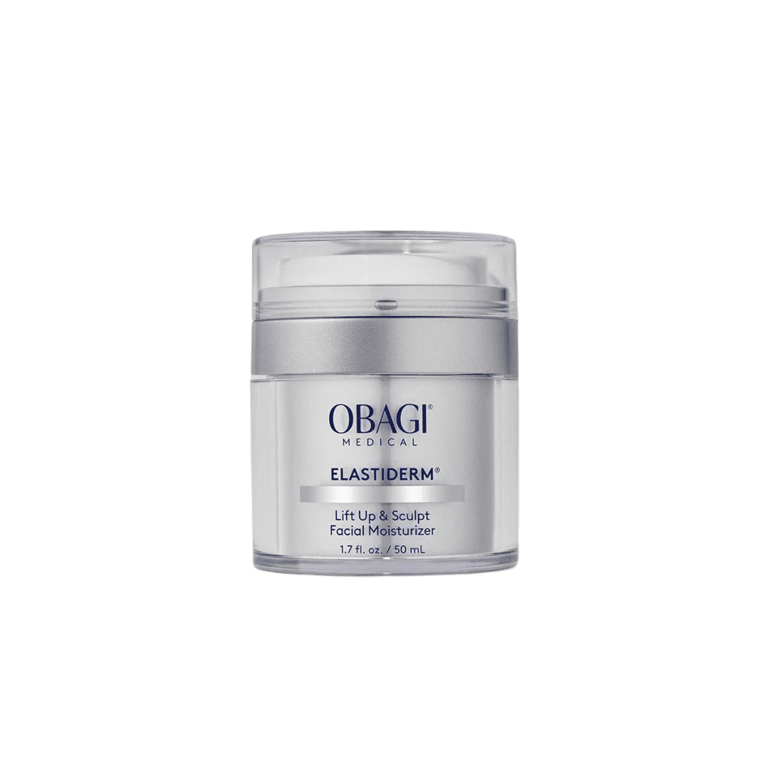 Obagi ELASTIderm Lift Up and Sculpt Facial Moisturizer 1.7 fl oz clear airless pump jar with silver cap on white background