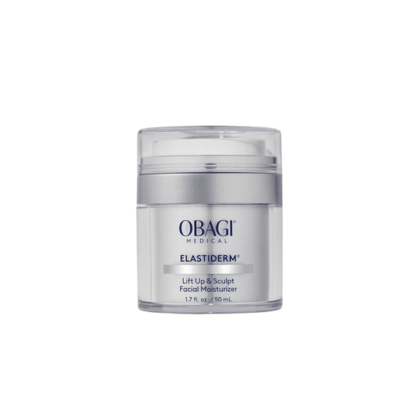 Obagi ELASTIderm Lift Up and Sculpt Facial Moisturizer 1.7 fl oz clear airless pump jar with silver cap on white background