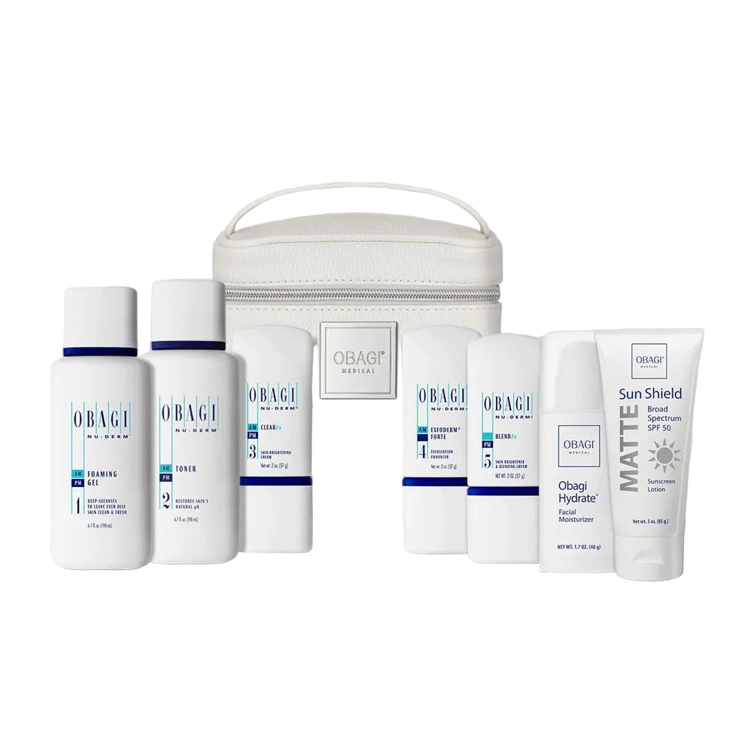 Obagi Nu-Derm Fx Starter System for normal to oily skin with 7-step skincare set and carry case on white background