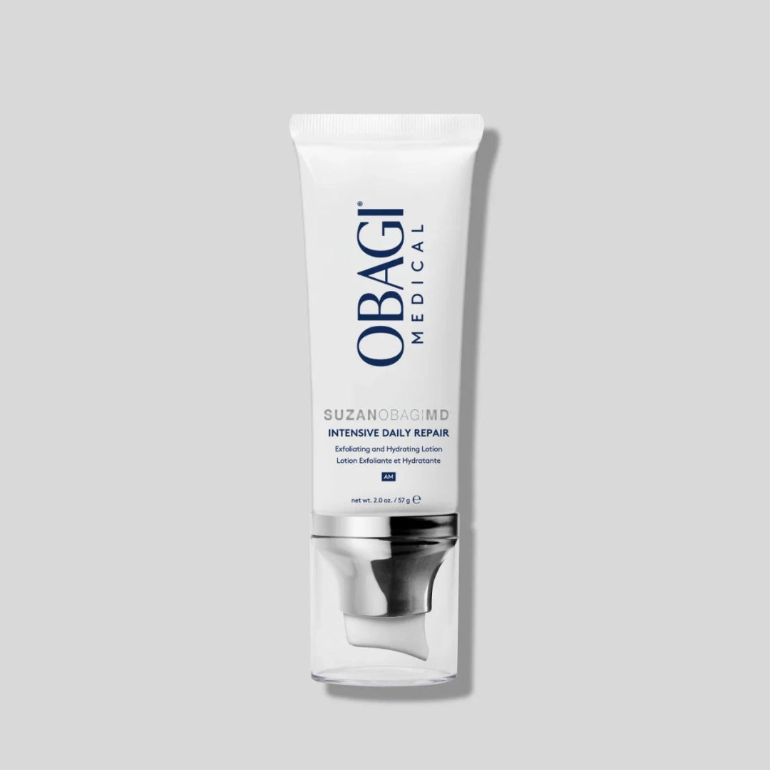 Obagi SuzanObagiMD Intensive Daily Repair Exfoliating and Hydrating Lotion 2 oz white squeeze tube with silver airless pump base on gray background