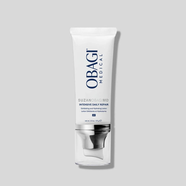 Obagi SuzanObagiMD Intensive Daily Repair Exfoliating and Hydrating Lotion 2 oz white squeeze tube with silver airless pump base on gray background