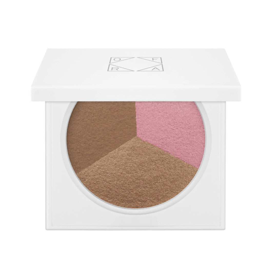 OFRA Cosmetics California Dream Triangle compact with matte bronzer, pink blush, and shimmer highlighter