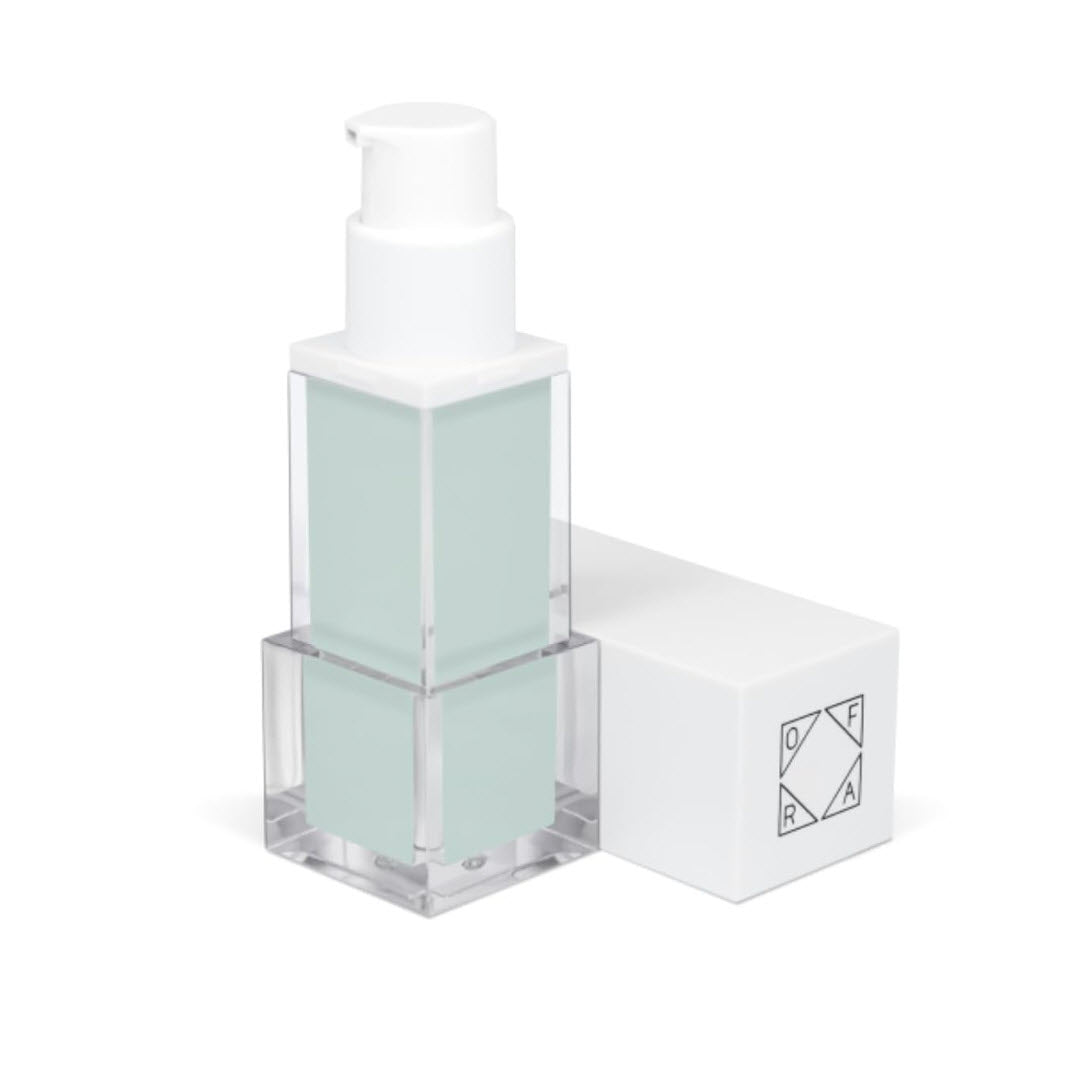 OFRA Cosmetics Cool as a Cucumber Primer pump bottle standing beside its box at an angle