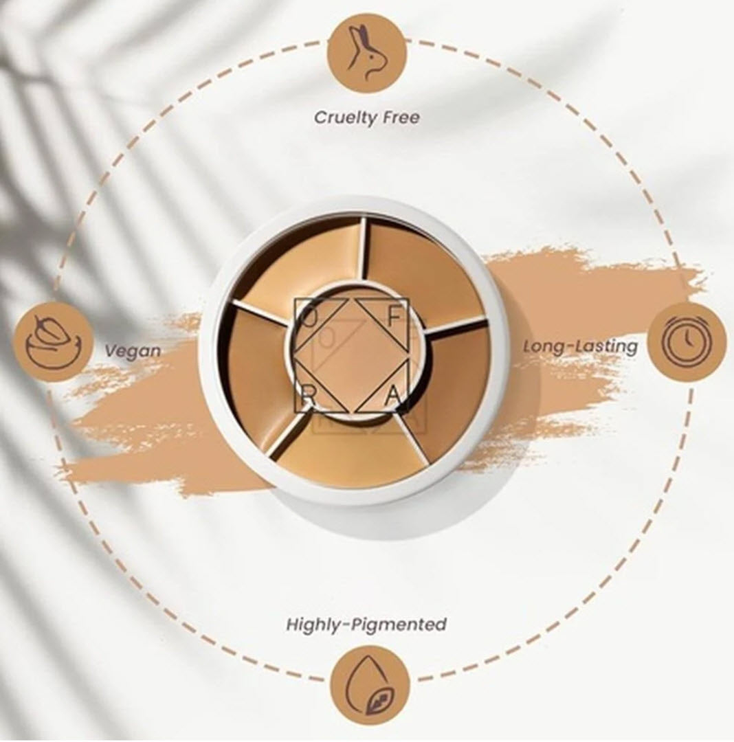 OFRA Cosmetics Derma Tones Wheel compact shown with cruelty-free, vegan, long-lasting, and highly-pigmented callouts