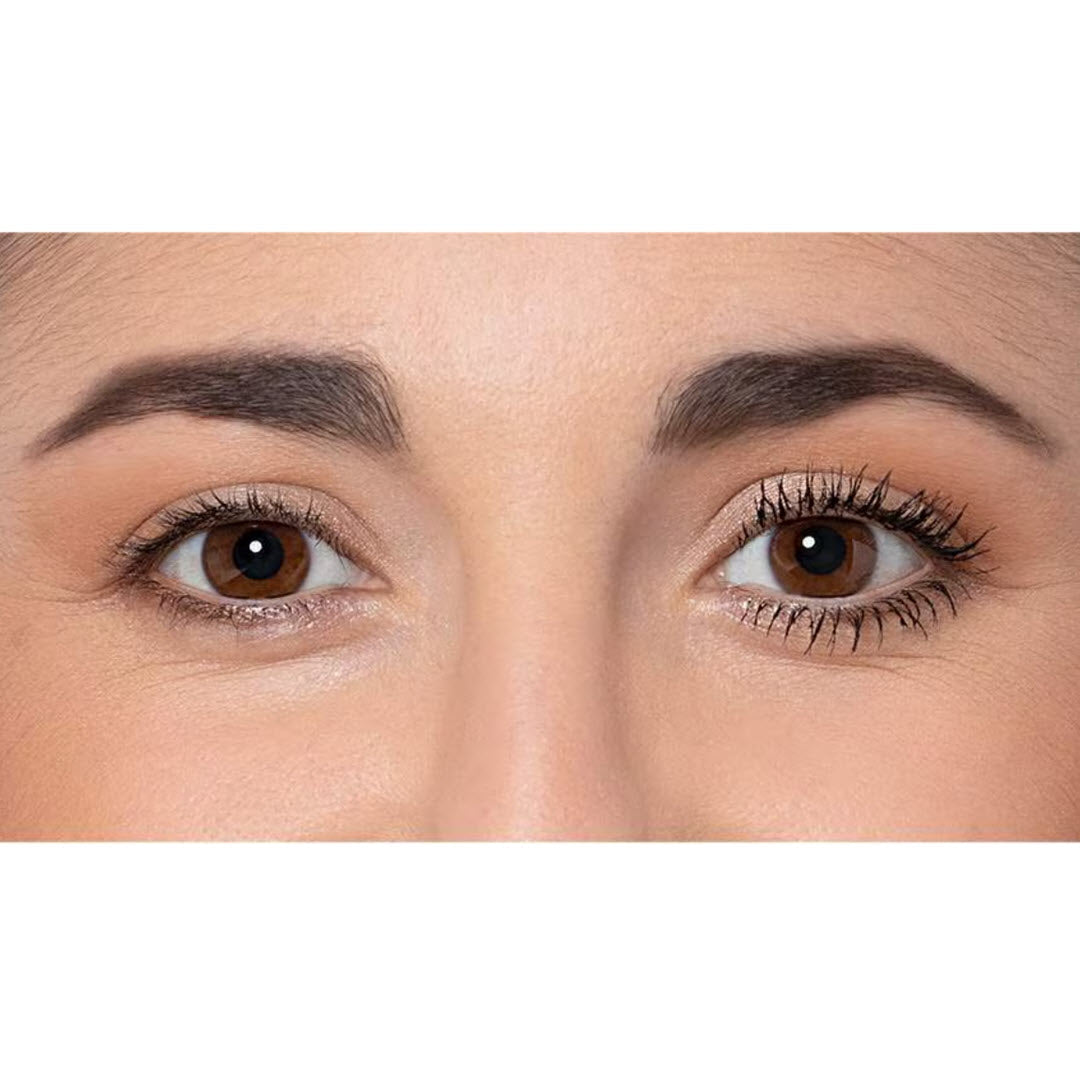 Close-up comparison of a bare eye versus lashes coated in OFRA Cosmetics HD Volumizing Mascara
