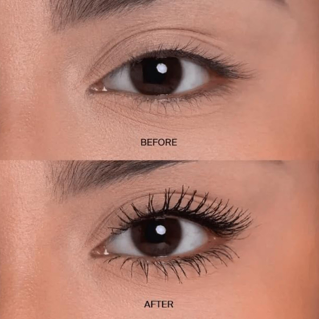 Before and after comparison of lashes without and with OFRA Cosmetics HD Waterproof Mascara, showing added volume and length