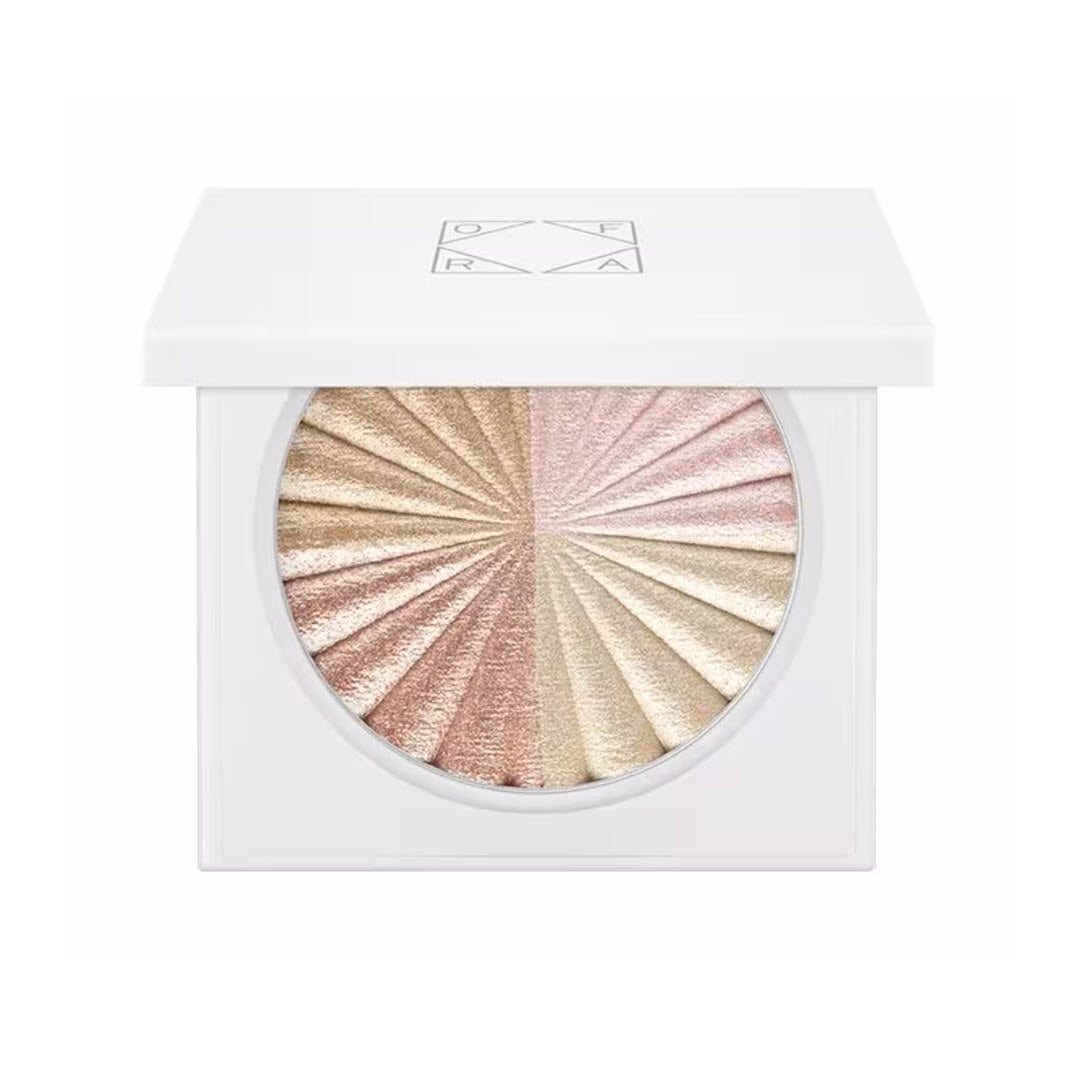 OFRA Cosmetics Highlighter compact in All Of The Lights, a warm gold, pink, and beige multi-tone highlighter