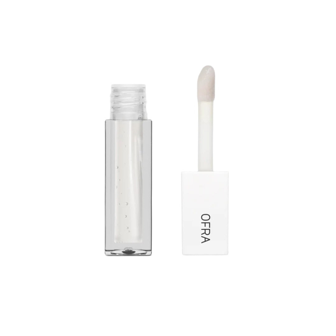 OFRA Cosmetics Lip Oil tube and applicator wand in Glassy, a clear high-shine shade