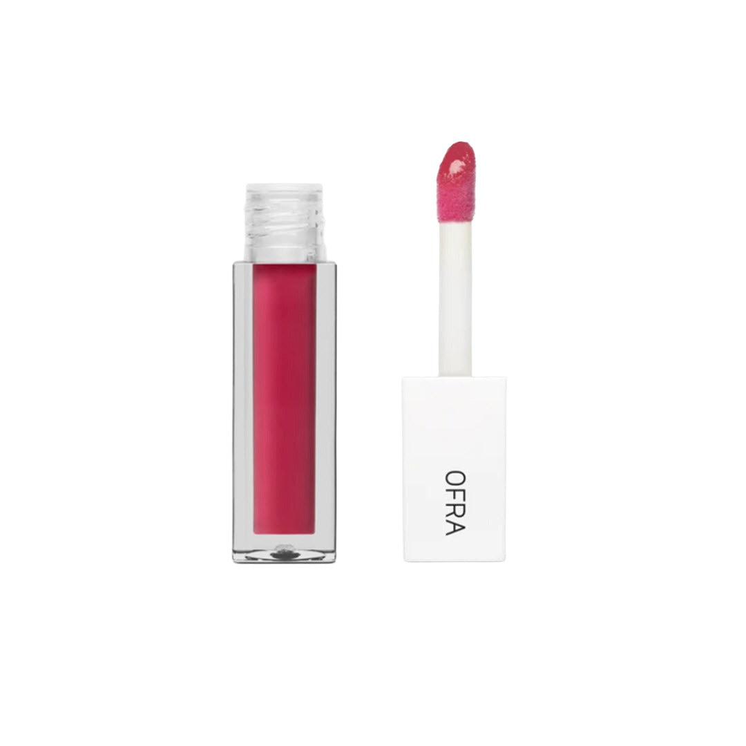 OFRA Cosmetics Lip Oil tube and applicator wand in Flushed, a bright pink-red sheer shade