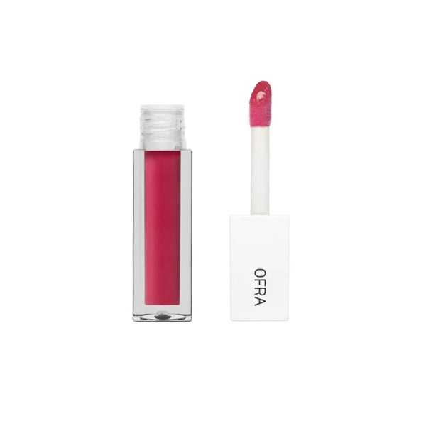 OFRA Cosmetics Lip Oil tube and applicator wand in Flushed, a bright pink-red sheer shade