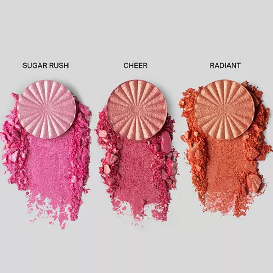 Labeled texture swatches of Sugar Rush, Cheer, and Radiant shades from OFRA Cosmetics Midi Palette Cheeky Glow