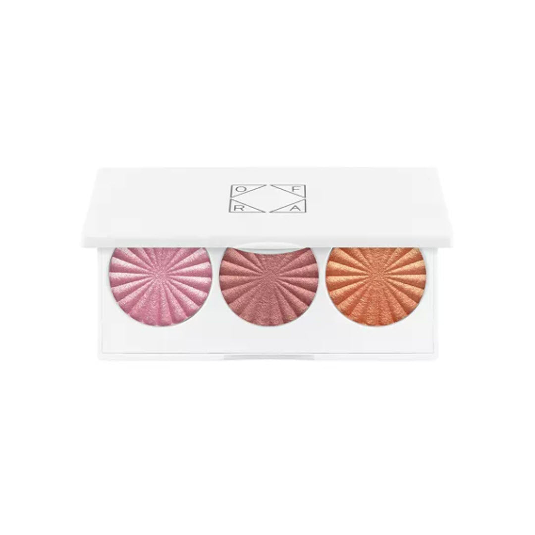 OFRA Cosmetics Midi Palette Cheeky Glow open compact with Sugar Rush, Cheer, and Radiant baked blush-highlighter shades