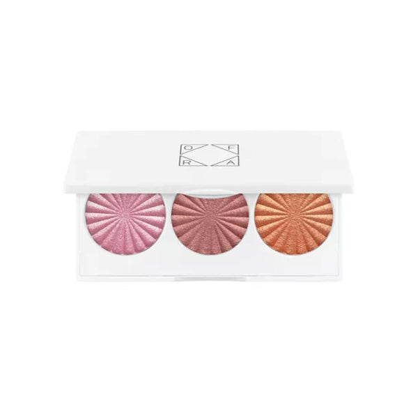 OFRA Cosmetics Midi Palette Cheeky Glow open compact with Sugar Rush, Cheer, and Radiant baked blush-highlighter shades