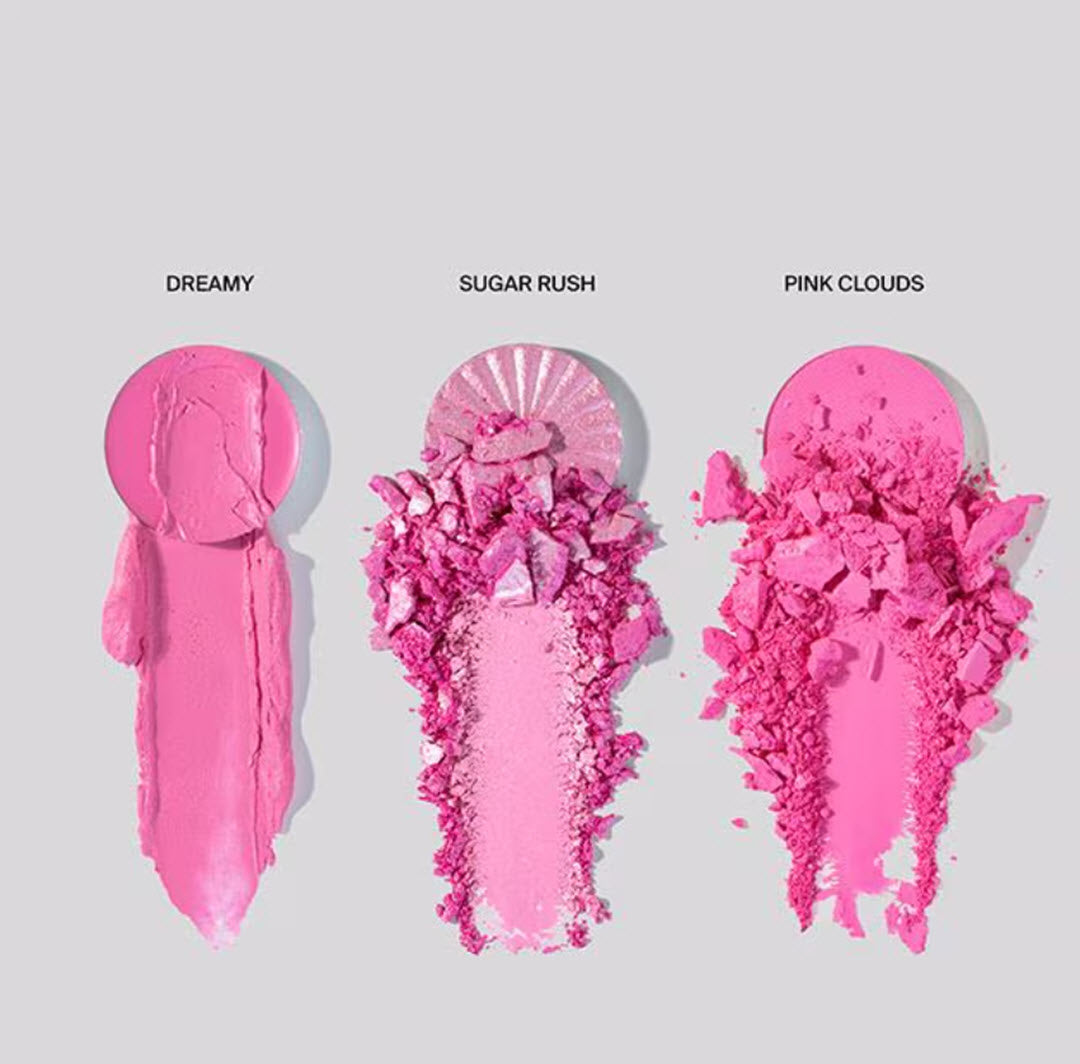 Labeled texture swatches of Dreamy, Sugar Rush, and Pink Clouds shades from OFRA Cosmetics Midi Palette Cotton Candy Skies