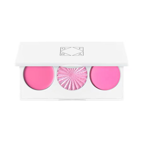 OFRA Cosmetics Midi Palette Cotton Candy Skies open compact with Dreamy cream blush, Sugar Rush blushlighter, and Pink Clouds powder blush