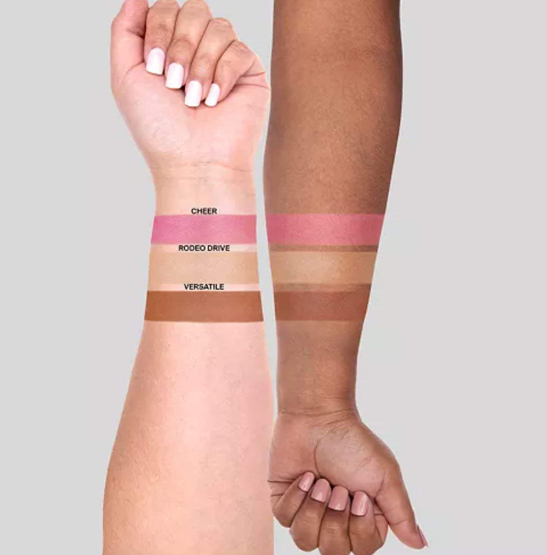 Swatches of Cheer, Rodeo Drive, and Versatile shades from OFRA Cosmetics Midi Palette Creamy Cashmere on two skin tones