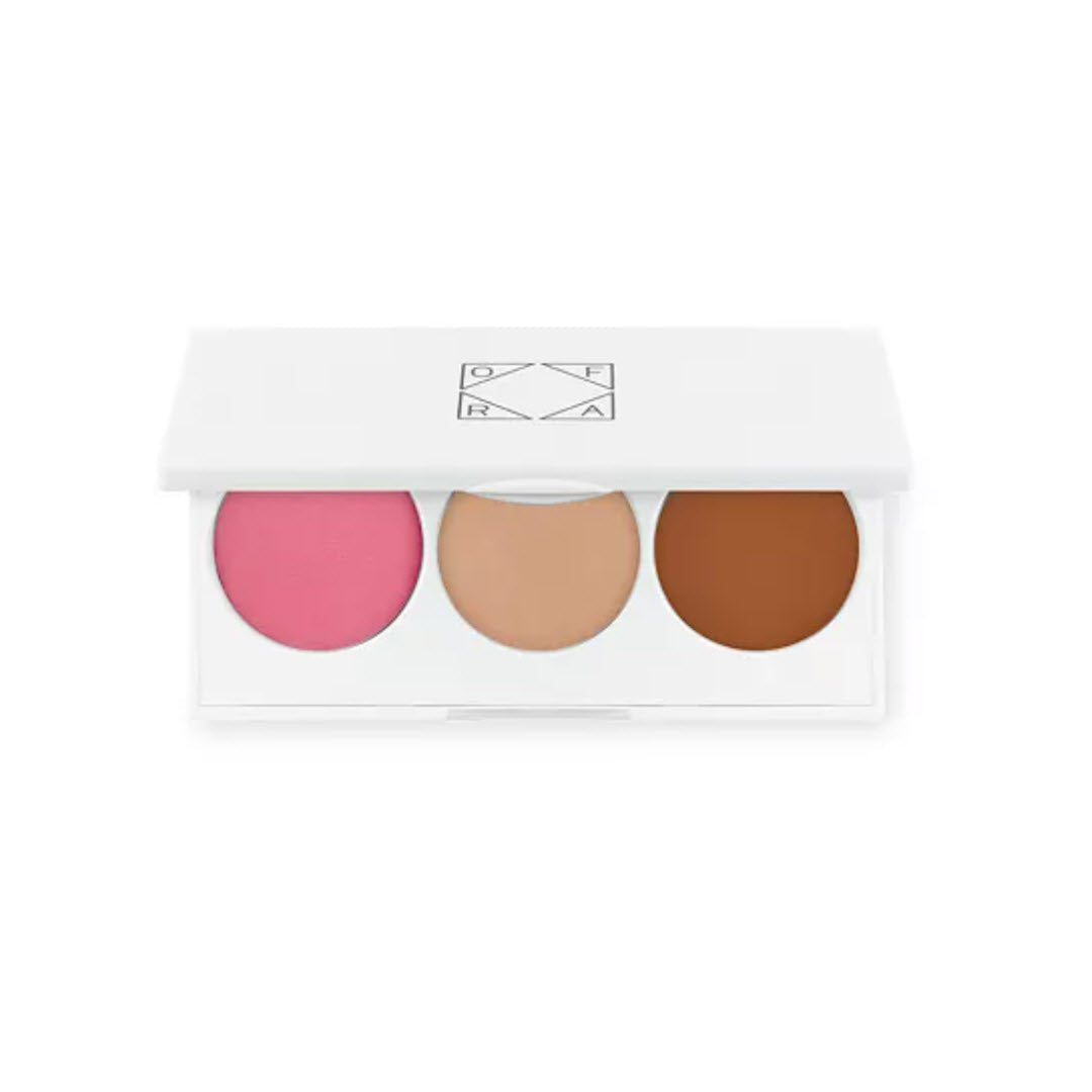 OFRA Cosmetics Midi Palette Creamy Cashmere open compact with Cheer blush, Rodeo Drive highlighter, and Versatile Matte Bronzer
