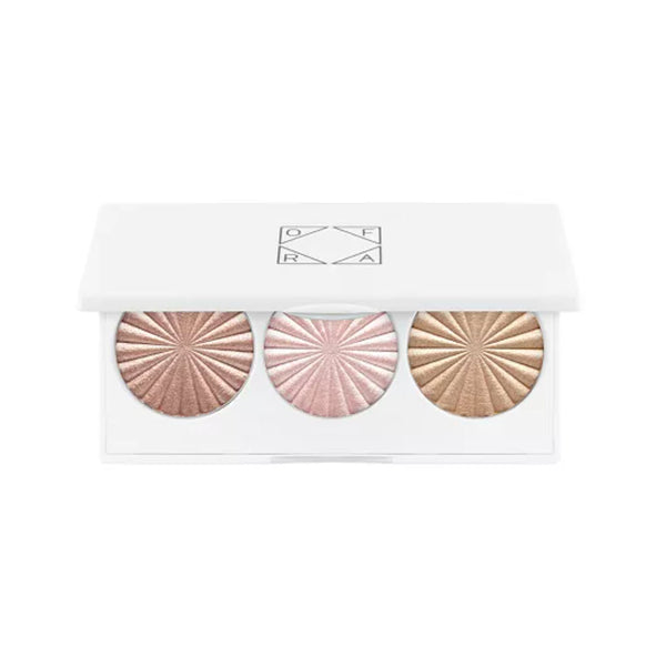 OFRA Cosmetics Midi Palette Feelin' Myself open compact with Blissful, Pillow Talk, and Rodeo Drive highlighter shades