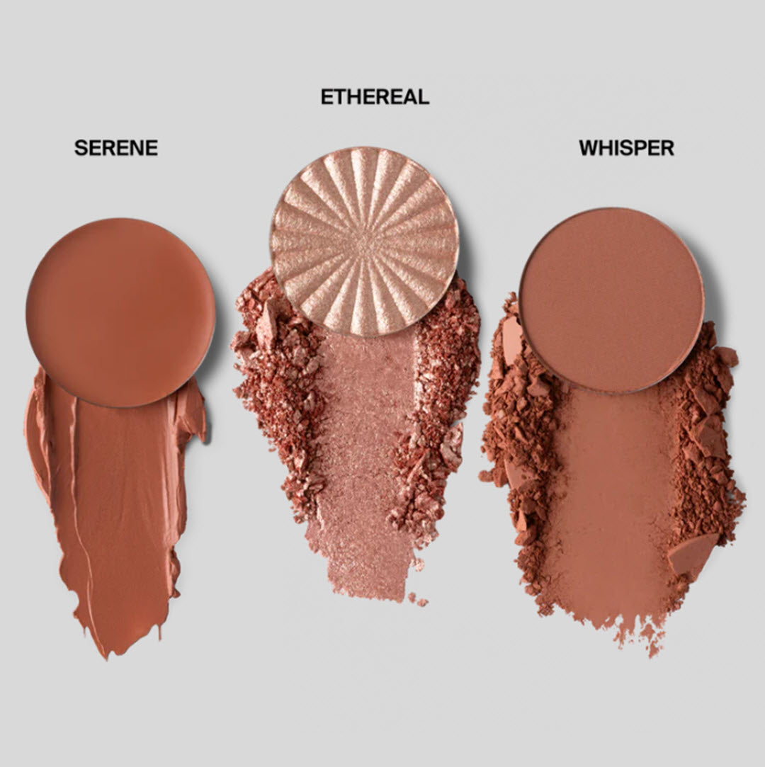 Labeled texture swatches of Serene, Ethereal, and Whisper shades from OFRA Cosmetics Midi Palette Heavenly Blooms
