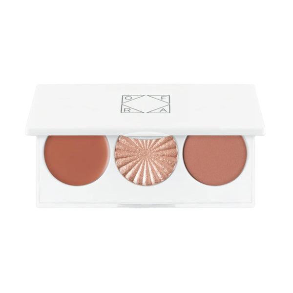 OFRA Cosmetics Midi Palette Heavenly Blooms open compact with Serene cream blush, Ethereal highlighter, and Whisper powder blush