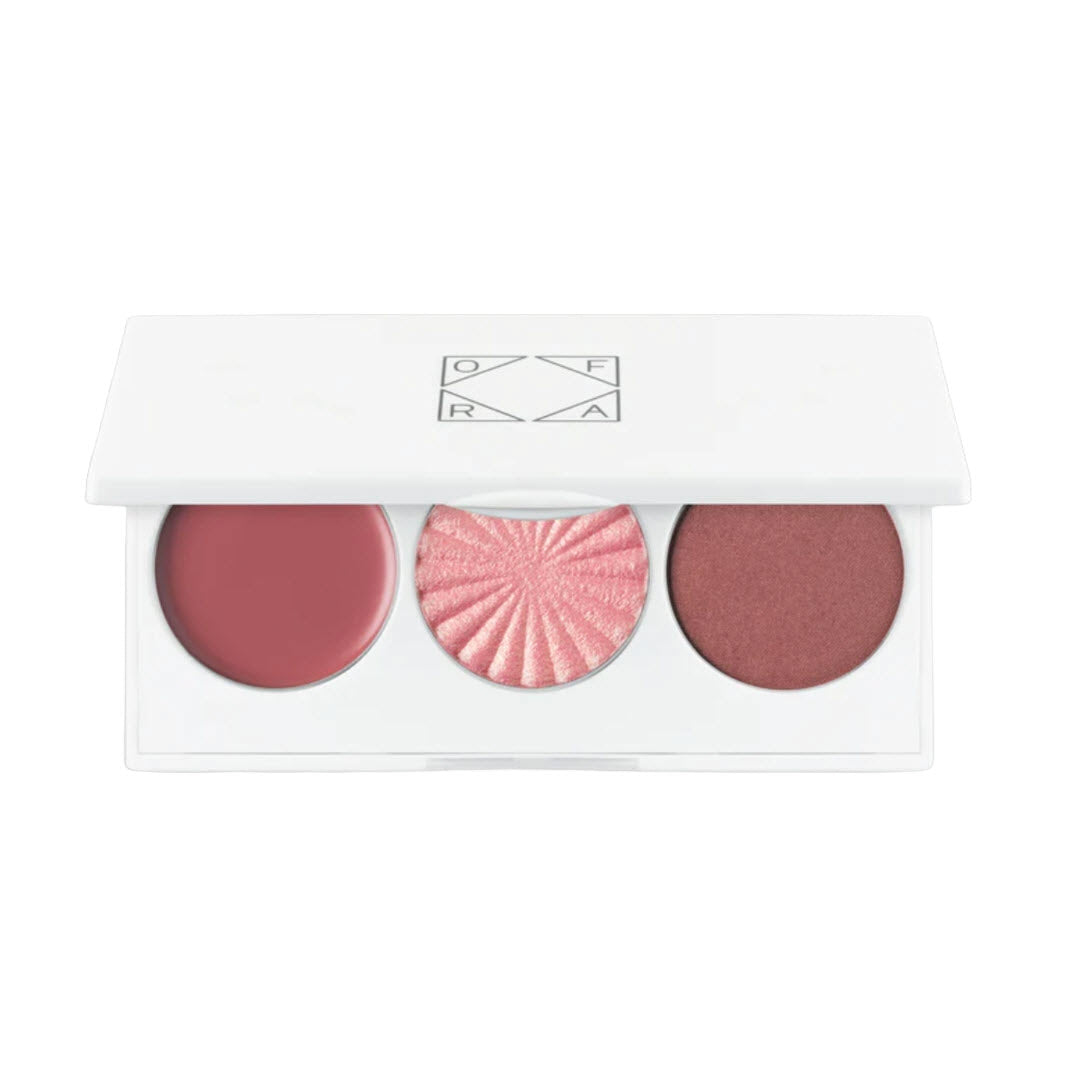 OFRA Cosmetics Midi Palette Velvet Hues open compact with All Yours cream blush, Cherish blushlighter, and Dawn powder blush