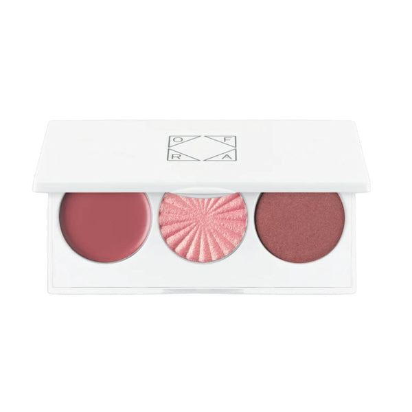 OFRA Cosmetics Midi Palette Velvet Hues open compact with All Yours cream blush, Cherish blushlighter, and Dawn powder blush
