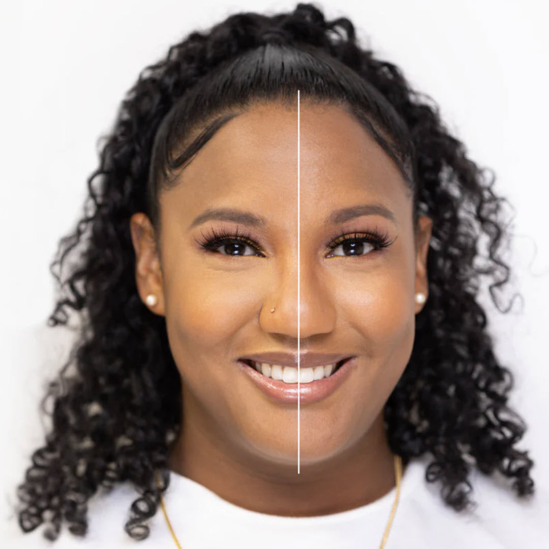 Split-face comparison showing skin before and after OFRA Cosmetics Makeup Fixer setting spray
