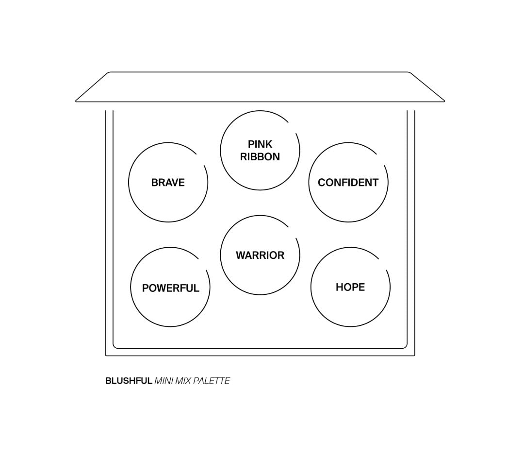 Diagram of OFRA Cosmetics Mini Mix Face Palette Blushful labeling Brave, Pink Ribbon, Confident, Powerful, Warrior, and Hope pans