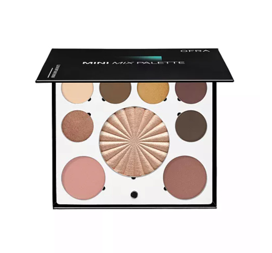 OFRA Cosmetics Mini Mix Face Palette New Solstice open compact with Divine, Frosted, Dulce, Dipped in Gold, Trance, and Mahogany eyeshadows plus Rodeo Drive highlighter, Rose blush, and Winter Rose Glow blush