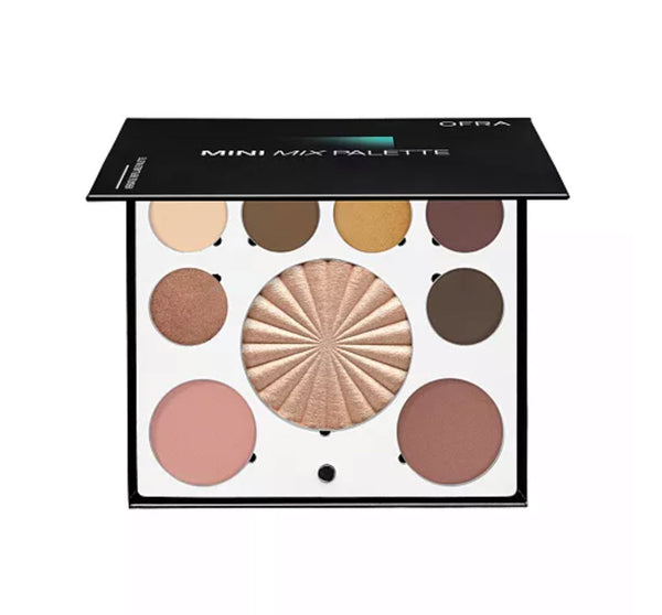 OFRA Cosmetics Mini Mix Face Palette New Solstice open compact with Divine, Frosted, Dulce, Dipped in Gold, Trance, and Mahogany eyeshadows plus Rodeo Drive highlighter, Rose blush, and Winter Rose Glow blush