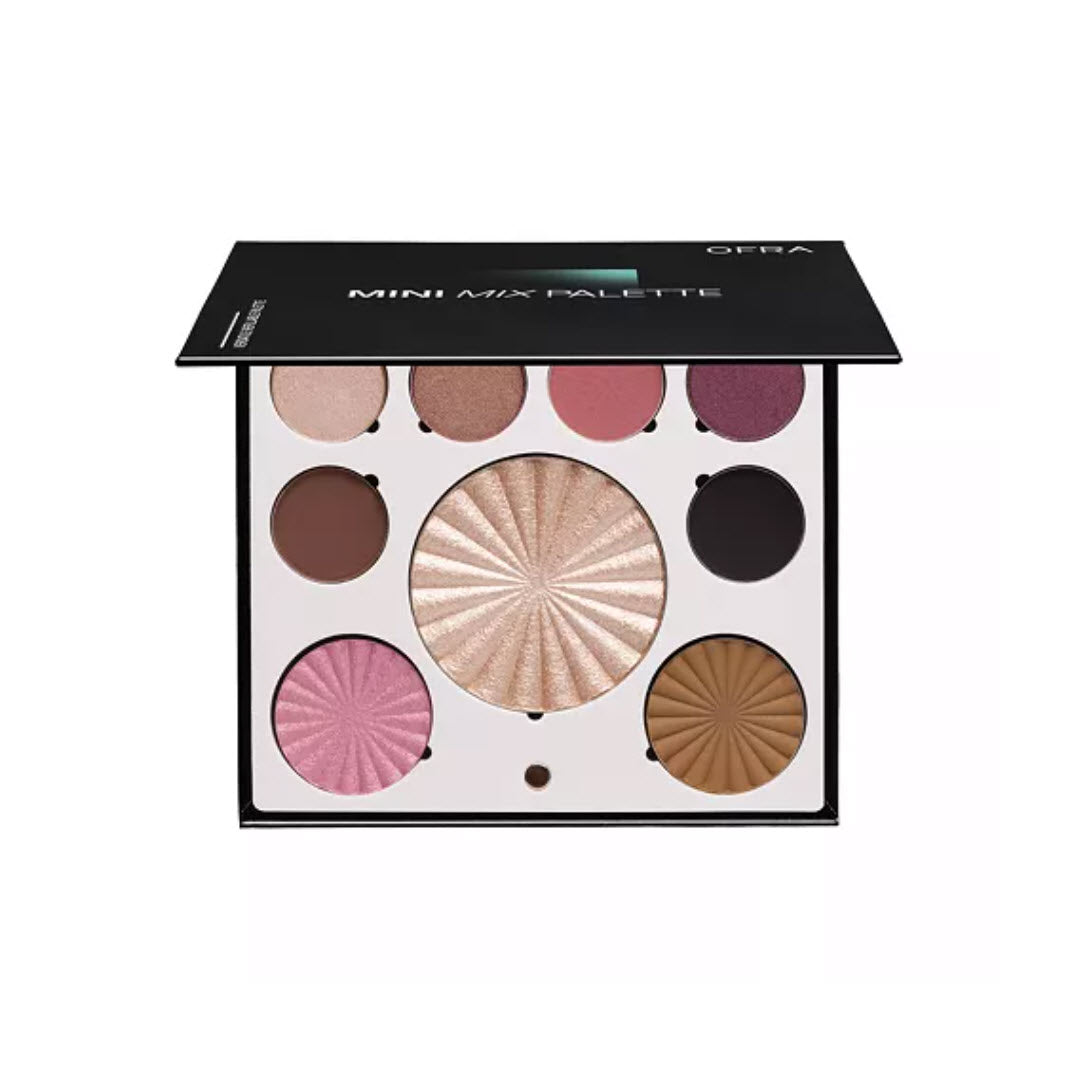 OFRA Cosmetics Mini Mix Face Palette Plum Crush open compact with Millennium Pink, Sublime, Crazy Pink, Plum, Coffee, and Slate eyeshadows plus highlight, blush, and bronzer
