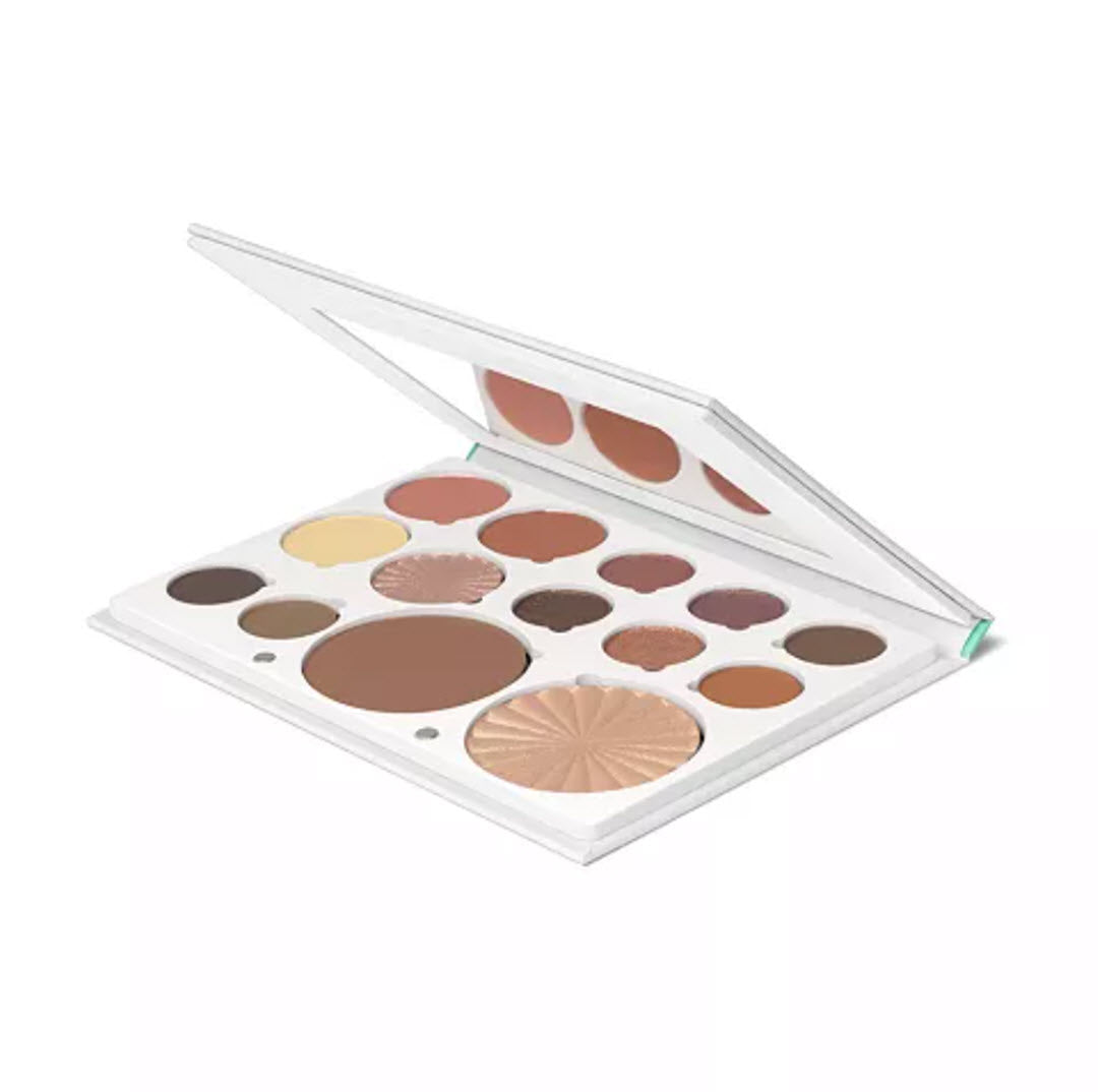 Angled view of OFRA Cosmetics Pro Palette Boho open compact with built-in mirror showing all 16 pans