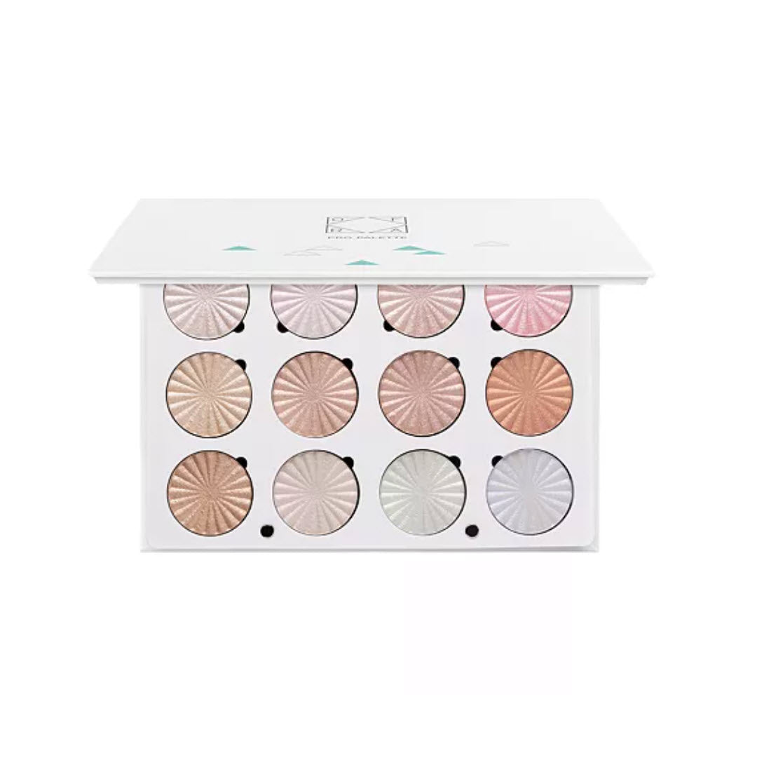 OFRA Cosmetics Pro Palette Next Level Glow 12-pan highlighter compact with Glazed Donut, Cloud 9, Peppermint, Pillow Talk, Star Island, Sugar Cookie, Seoul, Bali, Rodeo Drive, Daydream, Out of This World, and Space Baby shades