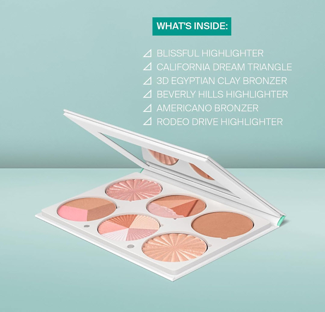 Open OFRA Cosmetics Pro Palette On the Glow with built-in mirror listing Blissful Highlighter, California Dream Triangle, 3D Egyptian Clay Bronzer, Beverly Hills Highlighter, Americano Bronzer, and Rodeo Drive Highlighter
