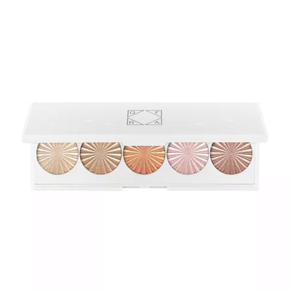 OFRA Cosmetics Signature Palette #OFRAglow open compact with five mini highlighter shades: Star Island, Rodeo Drive, Bali, Pillow Talk, and Blissful