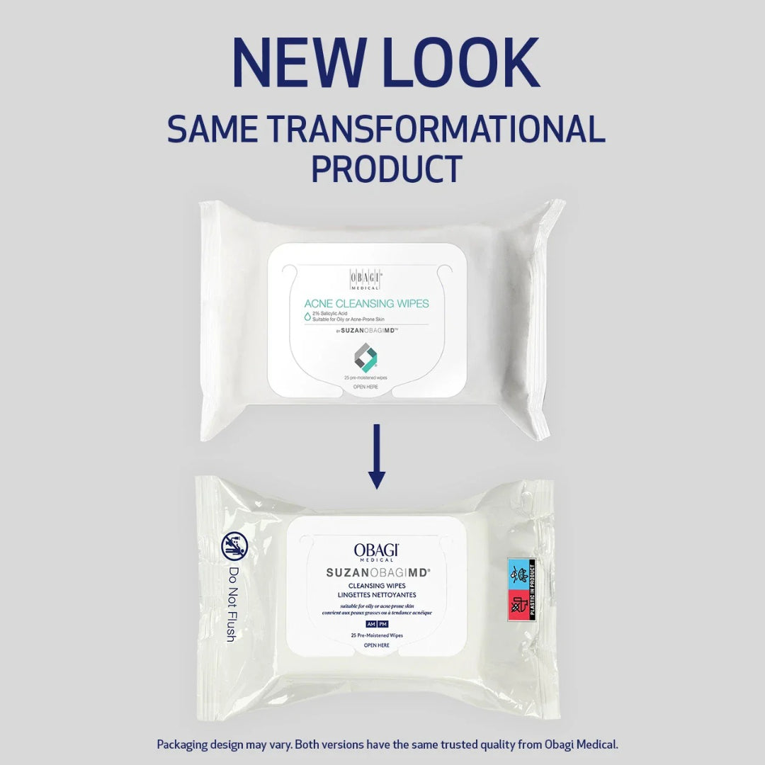 Obagi SuzanObagiMD Acne Cleansing Wipes new look packaging comparison showing old and new design