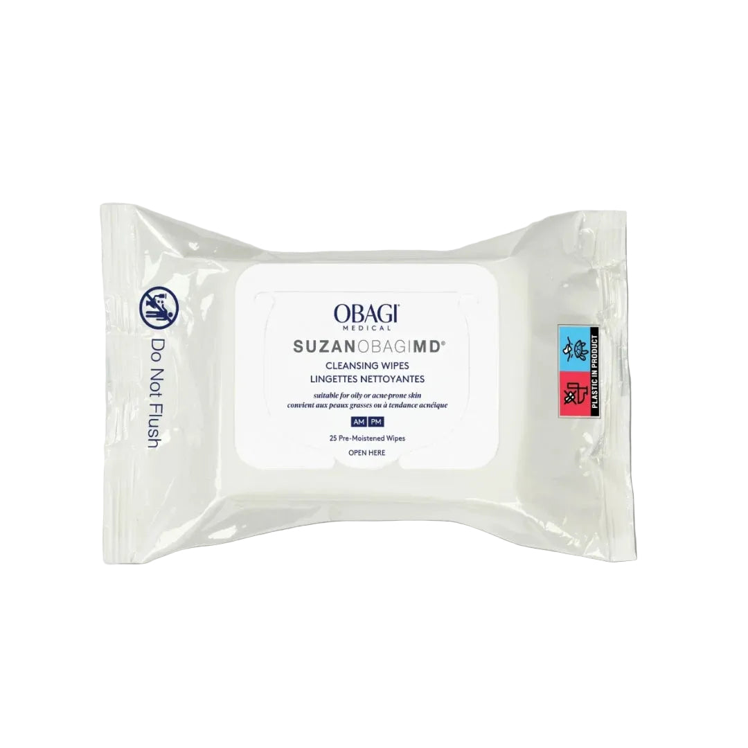 Obagi SuzanObagiMD Acne Cleansing Wipes 25 count packet for oily and acne-prone skin on white background